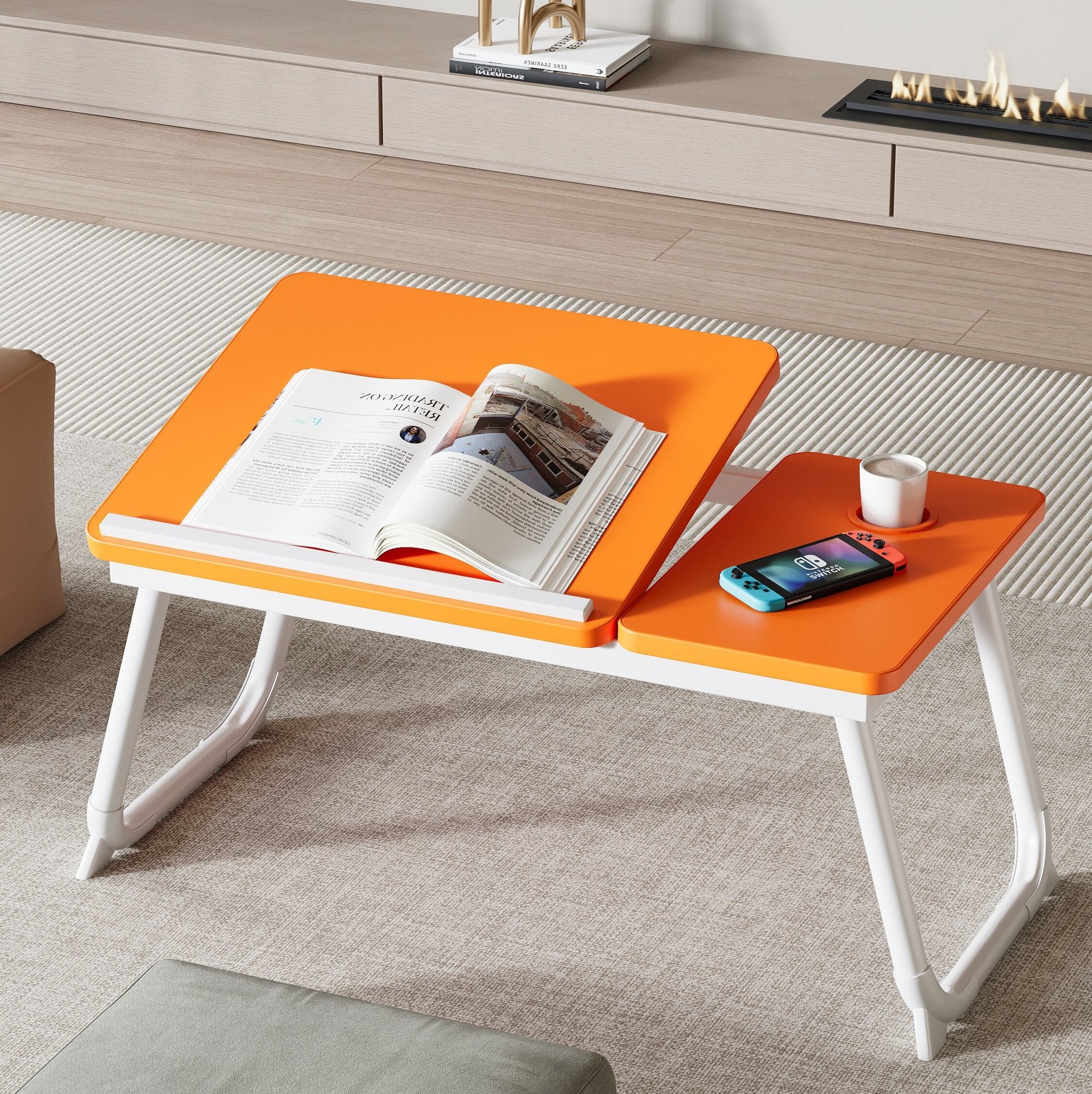 Contemporary Nordic Carbon Steel MDF Rectangular Desks Foldable Angle Adjustable 2-Tray Saucer For Study