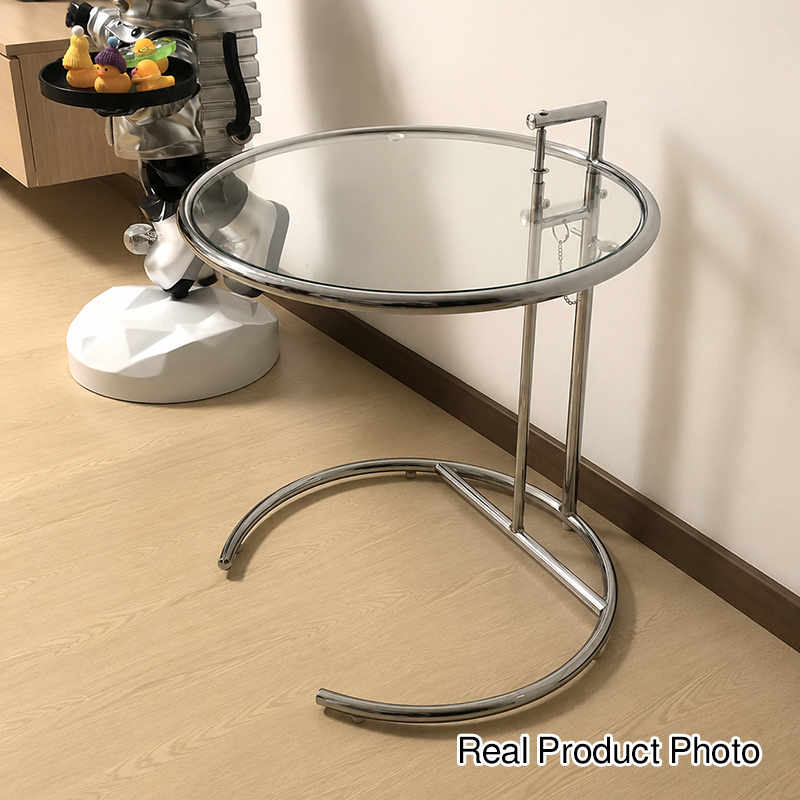 Modern Minimalist Round Tabletop Stainless Steel Tempered Glass Side Table Extendable For Living Room