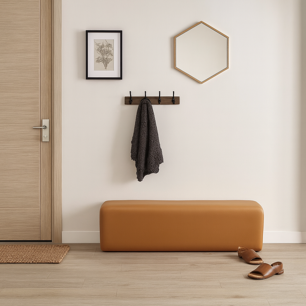 Modern Minimalist Solid Wood Faux Leather Rectangular Bench Backless For Entryway