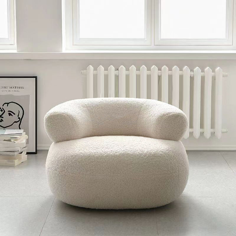Modern Minimal Cream Sherpa Fabric Low Stool — Solid Wood Frame, Armless Design for Living Room