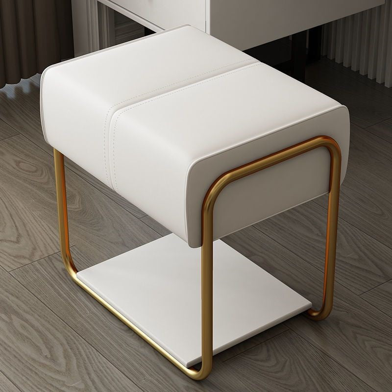 Modern Minimalist Vanity Stool with Iron & Pine Wood Frame, Latex Foam Cushion, Cat-Scratch-Resistant Leather, Square Backless Armless Stool for Bedroom
