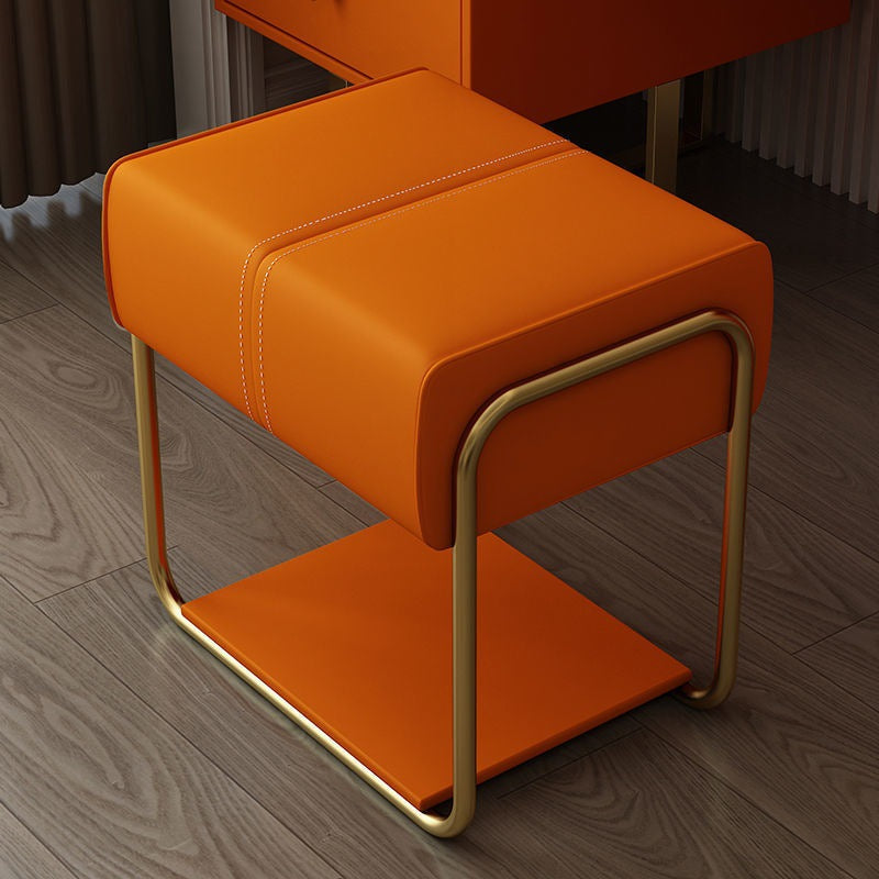 Modern Minimalist Vanity Stool with Iron & Pine Wood Frame, Latex Foam Cushion, Cat-Scratch-Resistant Leather, Square Backless Armless Stool for Bedroom