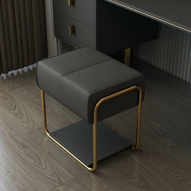 Modern Minimalist Vanity Stool with Iron & Pine Wood Frame, Latex Foam Cushion, Cat-Scratch-Resistant Leather, Square Backless Armless Stool for Bedroom