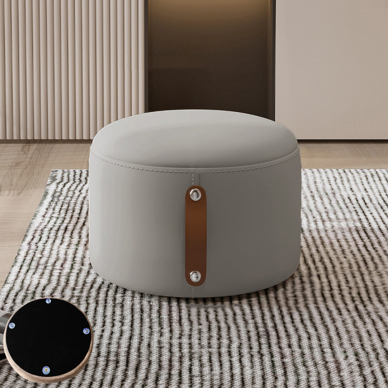 Contemporary Nordic Cylindrical Stool in Metal, Rubber Wood and Leather — Low, Backless, Armless for Living Room