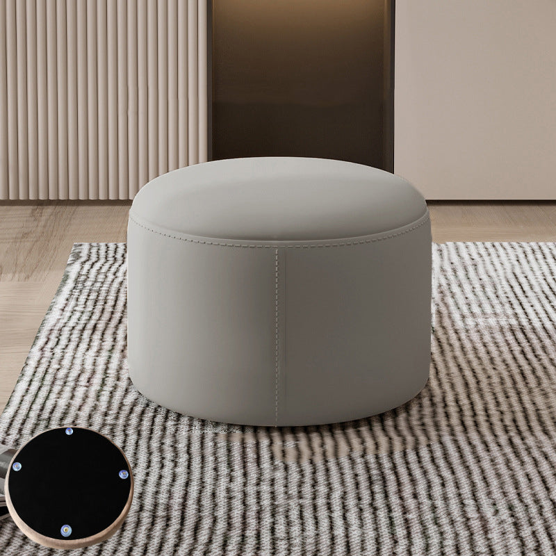 Contemporary Nordic Cylindrical Stool in Metal, Rubber Wood and Leather — Low, Backless, Armless for Living Room