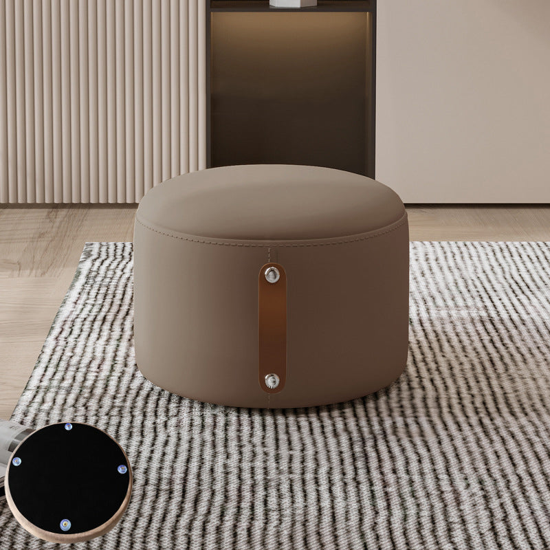 Contemporary Nordic Cylindrical Stool in Metal, Rubber Wood and Leather — Low, Backless, Armless for Living Room