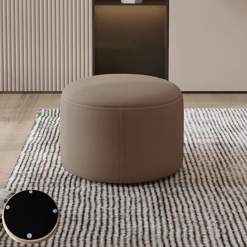 Contemporary Nordic Cylindrical Stool in Metal, Rubber Wood and Leather — Low, Backless, Armless for Living Room