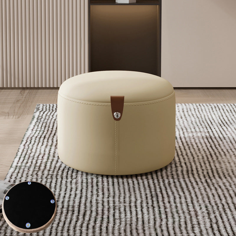 Contemporary Nordic Cylindrical Stool in Metal, Rubber Wood and Leather — Low, Backless, Armless for Living Room