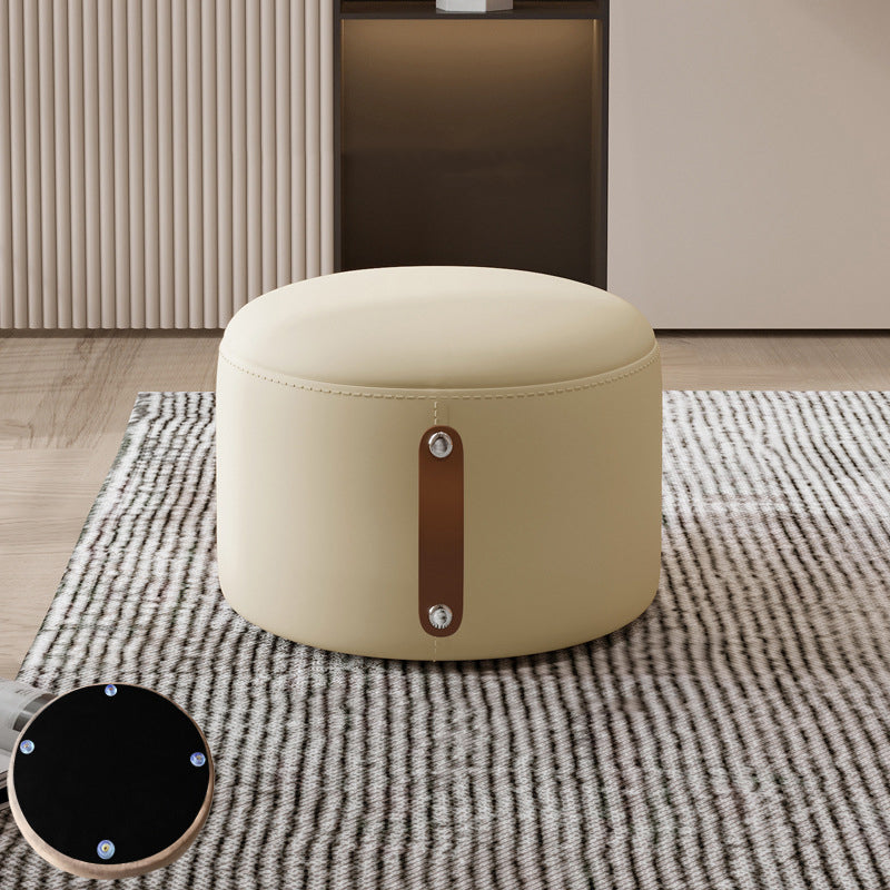 Contemporary Nordic Cylindrical Stool in Metal, Rubber Wood and Leather — Low, Backless, Armless for Living Room