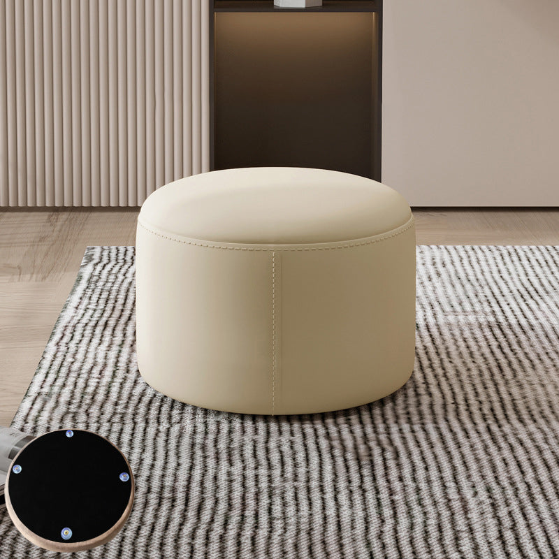 Contemporary Nordic Cylindrical Stool in Metal, Rubber Wood and Leather — Low, Backless, Armless for Living Room