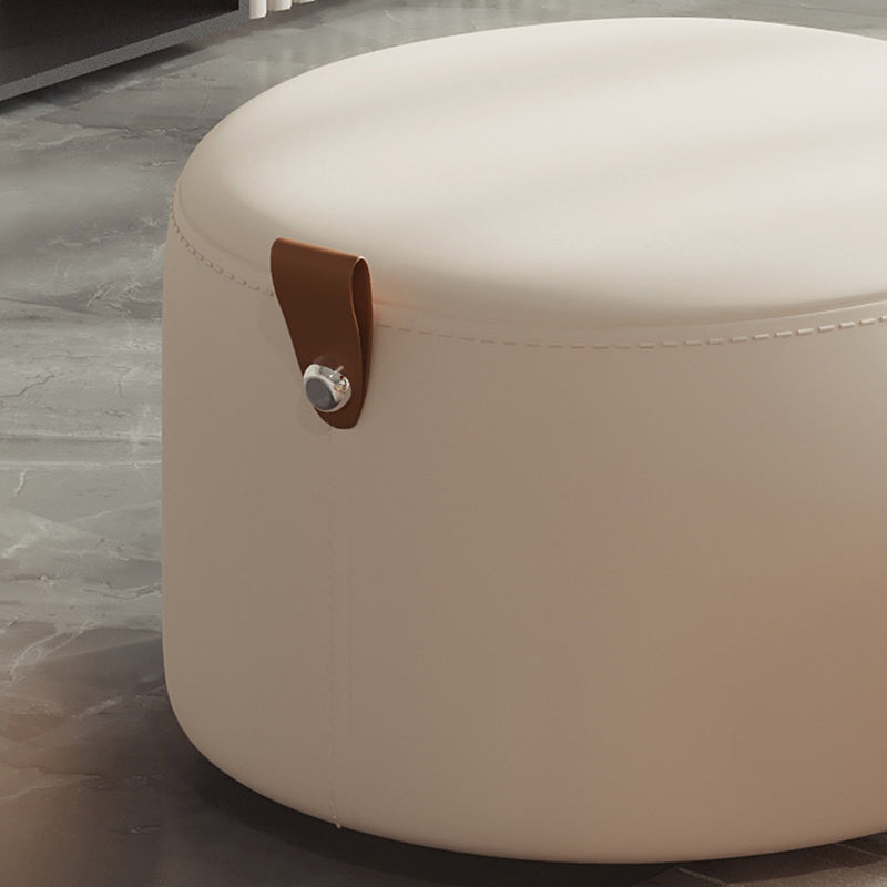 Contemporary Nordic Cylindrical Stool in Metal, Rubber Wood and Leather — Low, Backless, Armless for Living Room