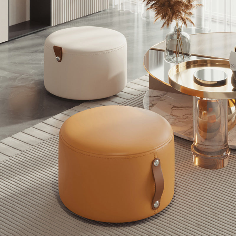Contemporary Nordic Cylindrical Stool in Metal, Rubber Wood and Leather — Low, Backless, Armless for Living Room