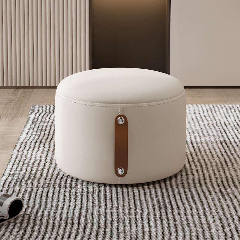 Contemporary Nordic Cylindrical Stool in Metal, Rubber Wood and Leather — Low, Backless, Armless for Living Room