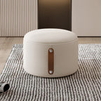 Contemporary Nordic Cylindrical Stool in Metal, Rubber Wood and Leather — Low, Backless, Armless for Living Room