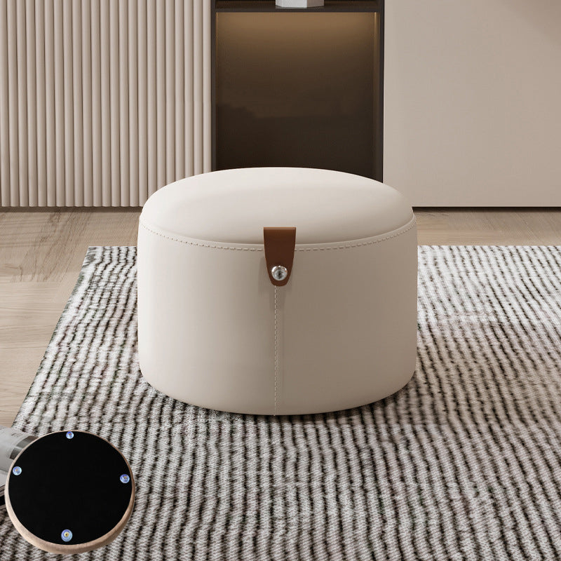 Contemporary Nordic Cylindrical Stool in Metal, Rubber Wood and Leather — Low, Backless, Armless for Living Room