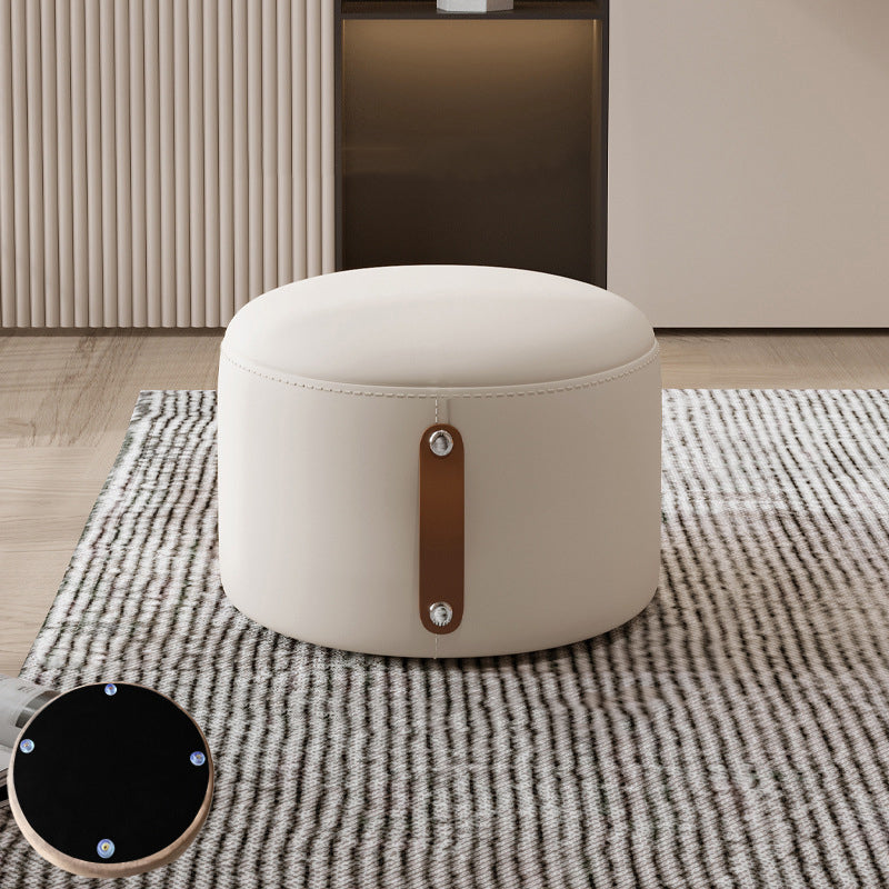 Contemporary Nordic Cylindrical Stool in Metal, Rubber Wood and Leather — Low, Backless, Armless for Living Room
