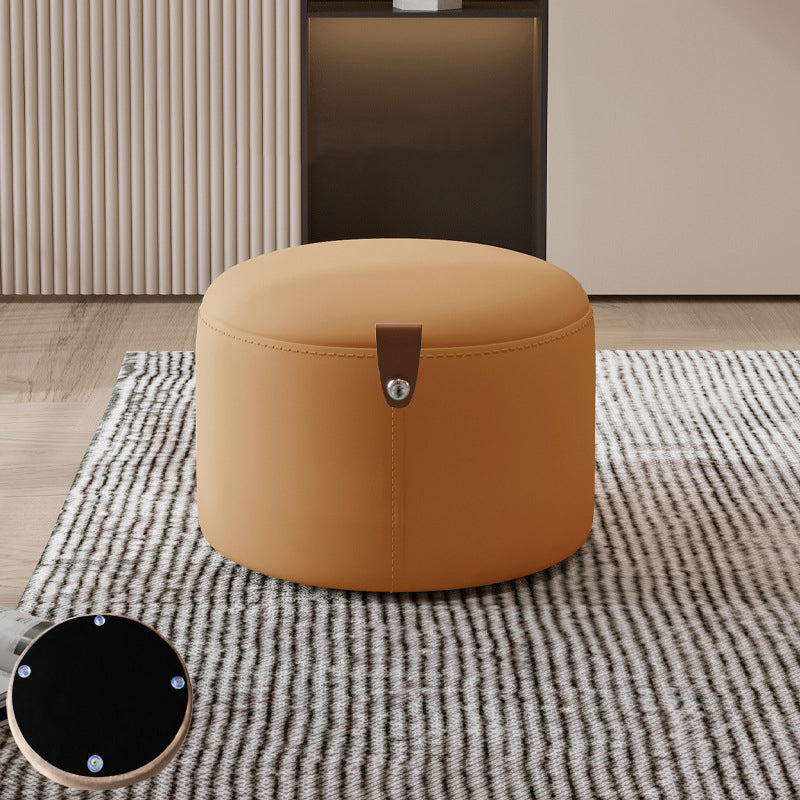 Contemporary Nordic Cylindrical Stool in Metal, Rubber Wood and Leather — Low, Backless, Armless for Living Room