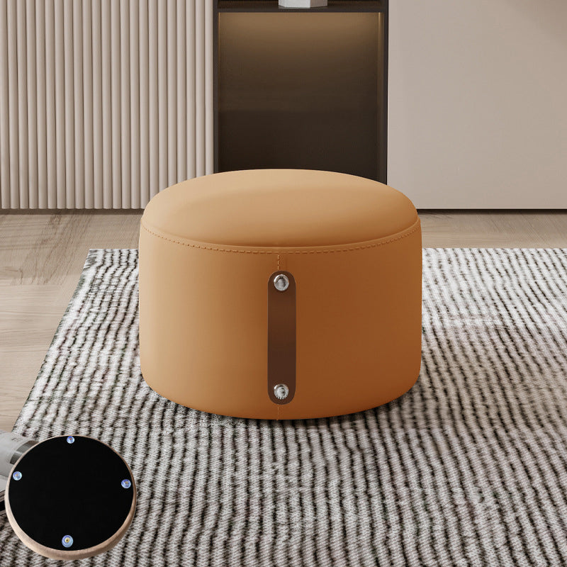 Contemporary Nordic Cylindrical Stool in Metal, Rubber Wood and Leather — Low, Backless, Armless for Living Room