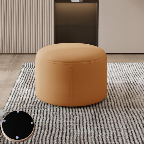Contemporary Nordic Cylindrical Stool in Metal, Rubber Wood and Leather — Low, Backless, Armless for Living Room