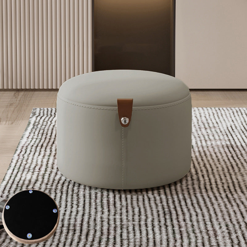 Contemporary Nordic Cylindrical Stool in Metal, Rubber Wood and Leather — Low, Backless, Armless for Living Room