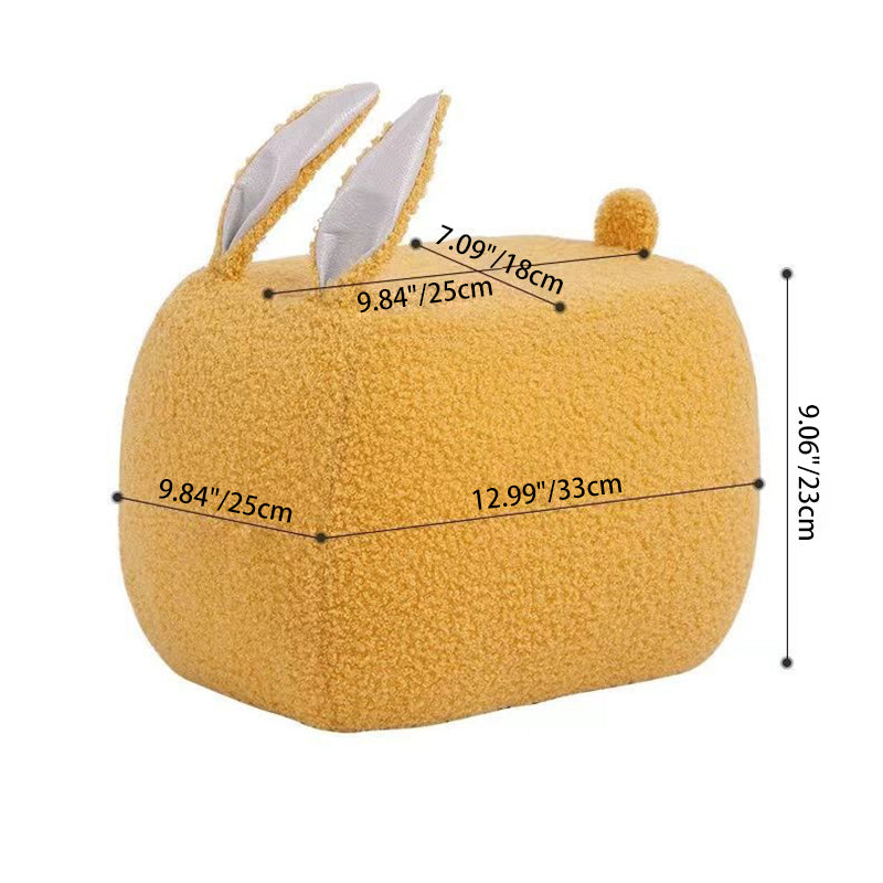 Taburete infantil contemporáneo con forma de conejo y cojín de borreguito – Asiento bajo, sin respaldo ni brazos, en madera de pino y contrachapado con acolchado de esponja para sala de estar