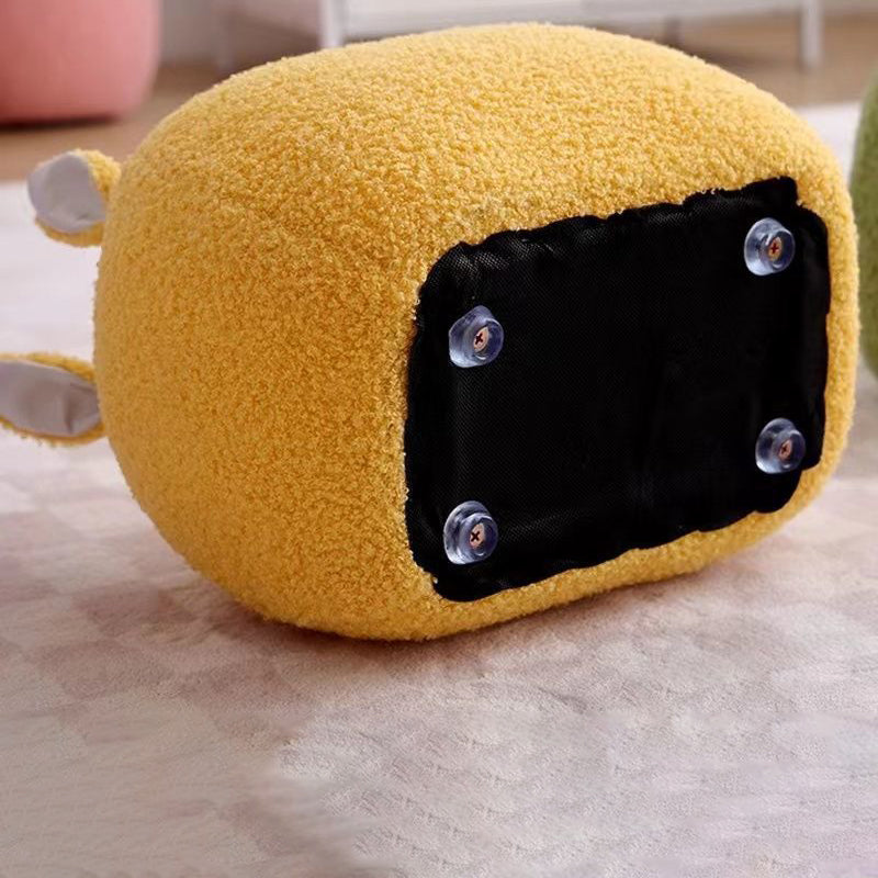 Taburete infantil contemporáneo con forma de conejo y cojín de borreguito – Asiento bajo, sin respaldo ni brazos, en madera de pino y contrachapado con acolchado de esponja para sala de estar