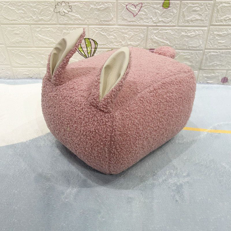 Taburete infantil contemporáneo con forma de conejo y cojín de borreguito – Asiento bajo, sin respaldo ni brazos, en madera de pino y contrachapado con acolchado de esponja para sala de estar