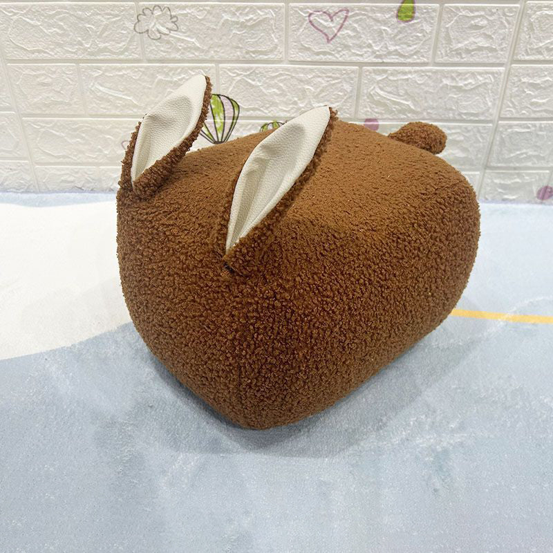 Contemporary Rabbit-Shaped Kids Stool with Teddy Fleece Cushion – Low, Backless & Armless Seat in Pine Wood and Plywood with Sponge Padding for Living Room