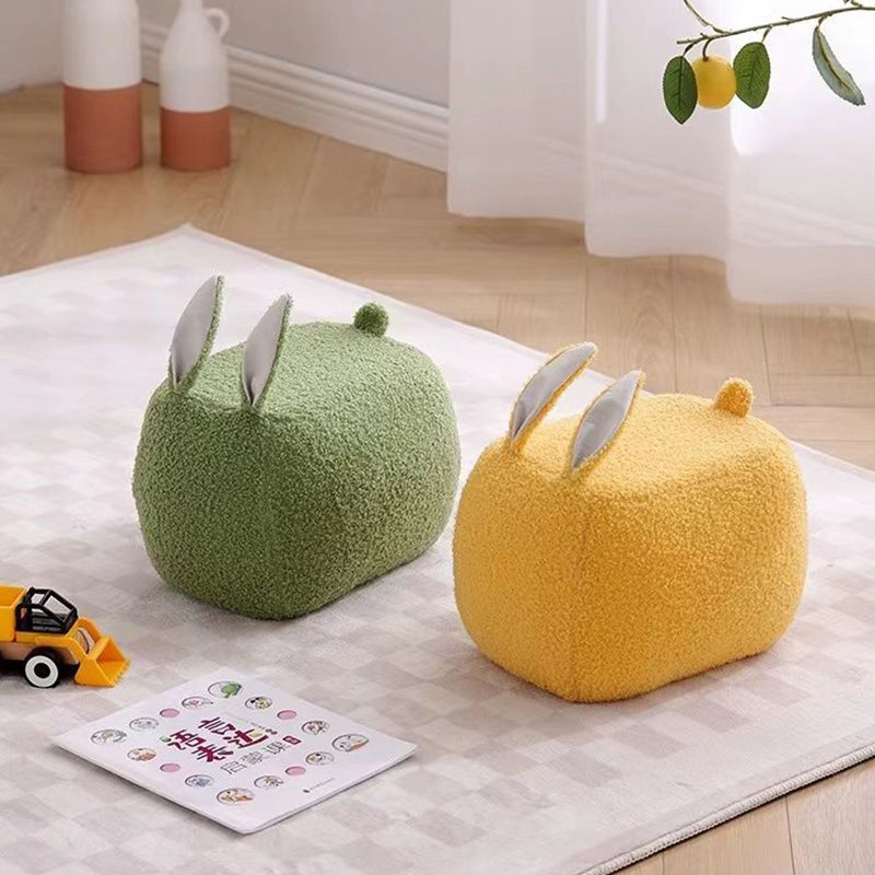 Taburete infantil contemporáneo con forma de conejo y cojín de borreguito – Asiento bajo, sin respaldo ni brazos, en madera de pino y contrachapado con acolchado de esponja para sala de estar