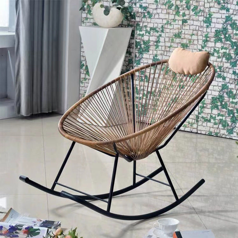 Traditional Vintage Oval Iron Frame Armless Rocking Chair with PE Rattan Weaving and Backrest for Living Room