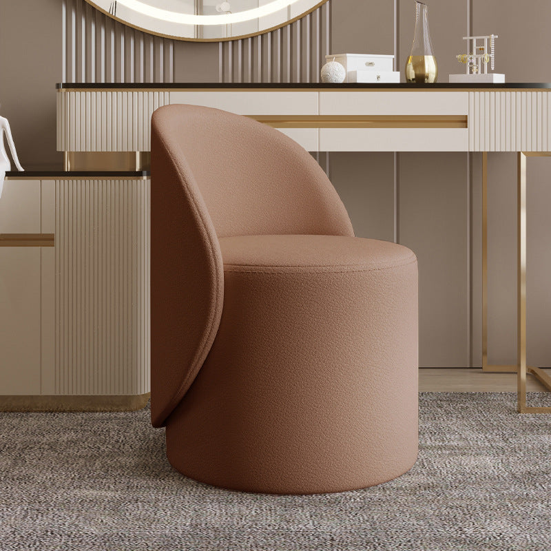 Taburete de tocador cilíndrico contemporáneo nórdico de piel sintética y madera de caucho con respaldo y función giratoria para dormitorio