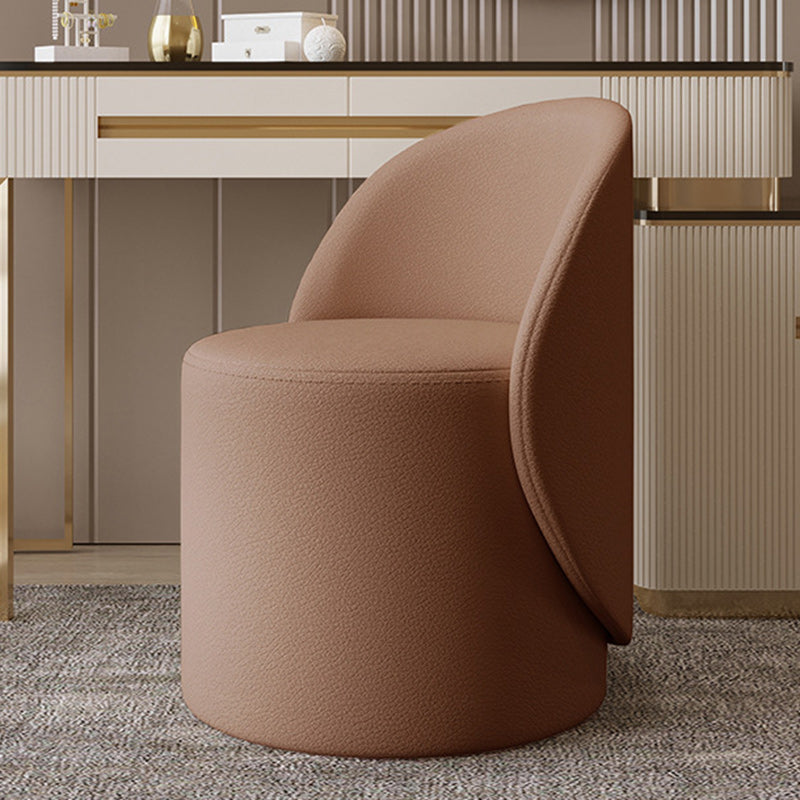 Taburete de tocador cilíndrico contemporáneo nórdico de piel sintética y madera de caucho con respaldo y función giratoria para dormitorio