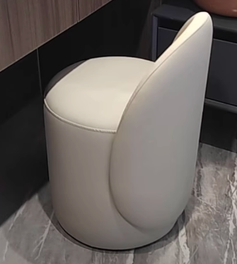 Taburete de tocador cilíndrico contemporáneo nórdico de piel sintética y madera de caucho con respaldo y función giratoria para dormitorio