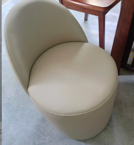 Taburete de tocador cilíndrico contemporáneo nórdico de piel sintética y madera de caucho con respaldo y función giratoria para dormitorio