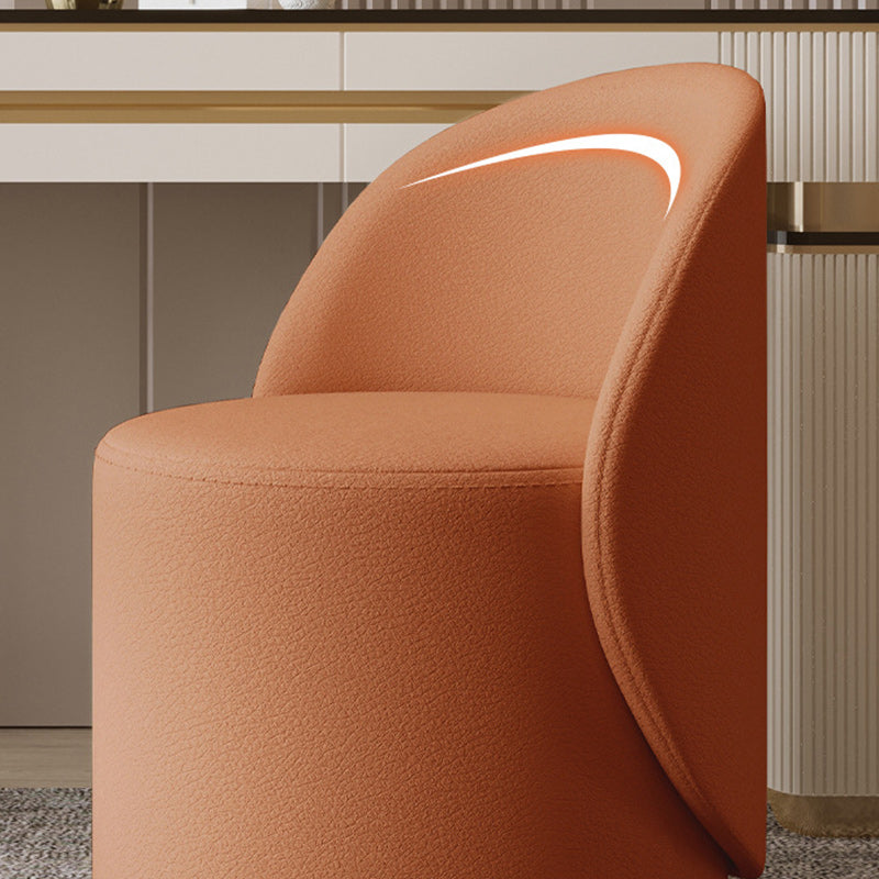 Taburete de tocador cilíndrico contemporáneo nórdico de piel sintética y madera de caucho con respaldo y función giratoria para dormitorio