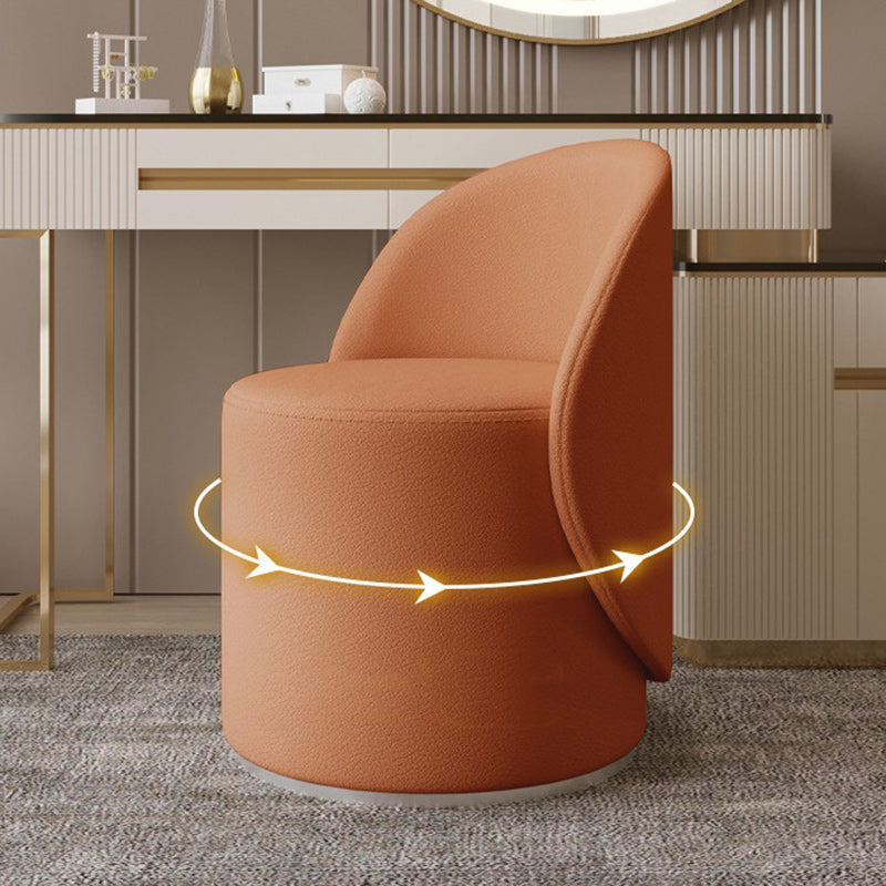 Taburete de tocador cilíndrico contemporáneo nórdico de piel sintética y madera de caucho con respaldo y función giratoria para dormitorio