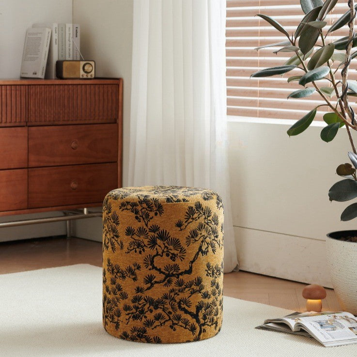 Modern Fabric & Wood Cylindrical Low Stool – Sleek Bedroom and Living Room Accent