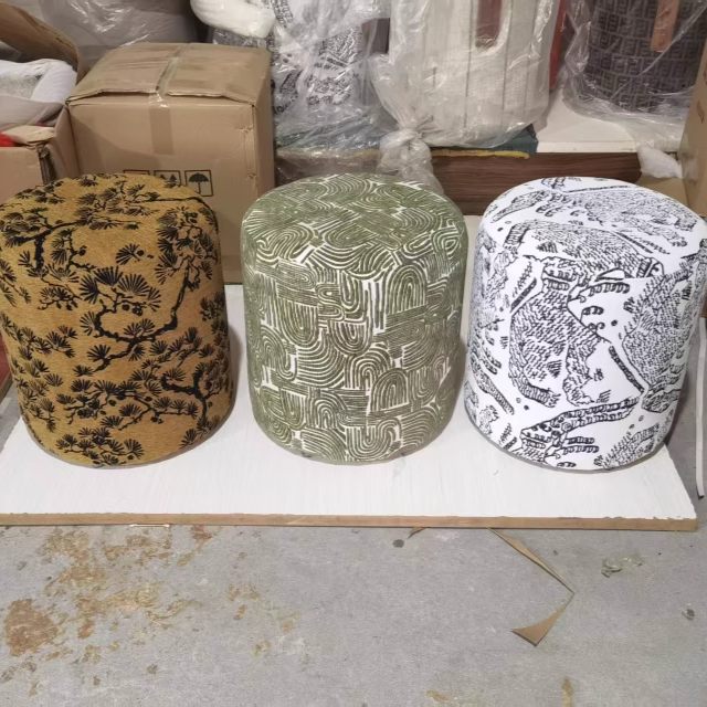 Modern Fabric & Wood Cylindrical Low Stool – Sleek Bedroom and Living Room Accent