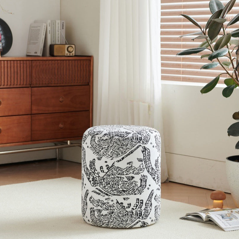 Modern Fabric & Wood Cylindrical Low Stool – Sleek Bedroom and Living Room Accent