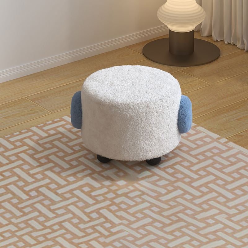 Contemporary Nordic Sherpa Fabric Round Wood Stool - Low-Profile Accent for Bedroom & Living Room