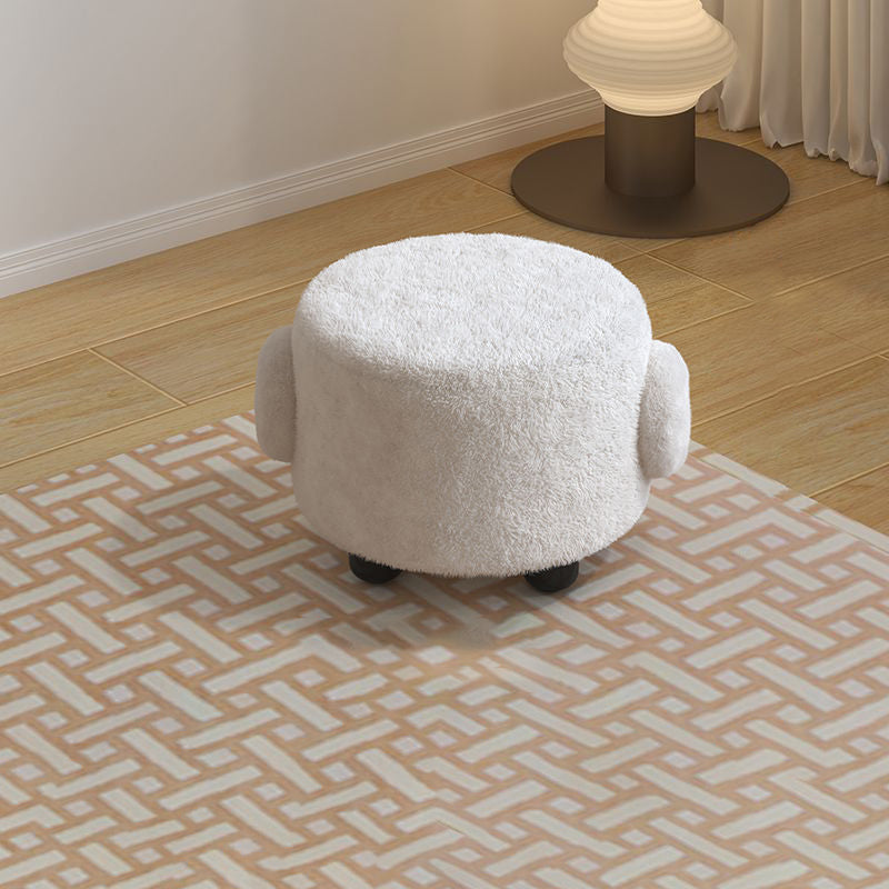 Contemporary Nordic Sherpa Fabric Round Wood Stool - Low-Profile Accent for Bedroom & Living Room