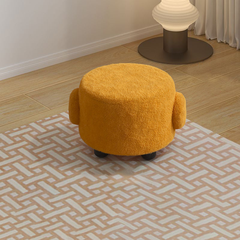 Contemporary Nordic Sherpa Fabric Round Wood Stool - Low-Profile Accent for Bedroom & Living Room