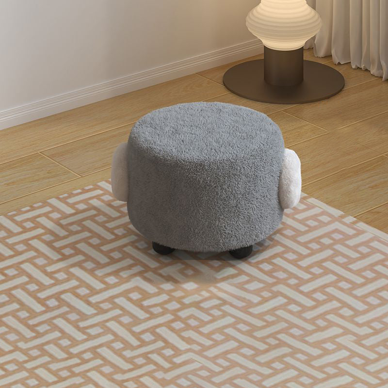 Contemporary Nordic Sherpa Fabric Round Wood Stool - Low-Profile Accent for Bedroom & Living Room