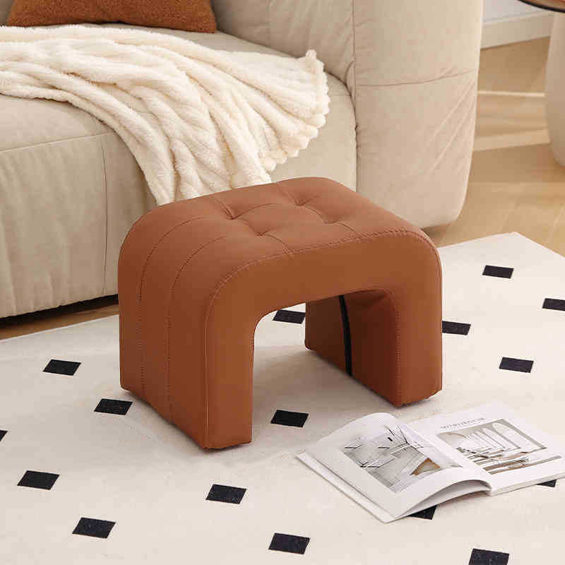 Contemporary Scandinavian Round-Arch Vanity Stool — Solid Wood & Plywood, Leather Upholstered Seat with Sponge Cushion, Backless & Armless for Bedroom