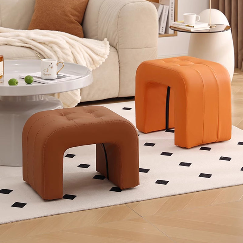 Contemporary Scandinavian Round-Arch Vanity Stool — Solid Wood & Plywood, Leather Upholstered Seat with Sponge Cushion, Backless & Armless for Bedroom