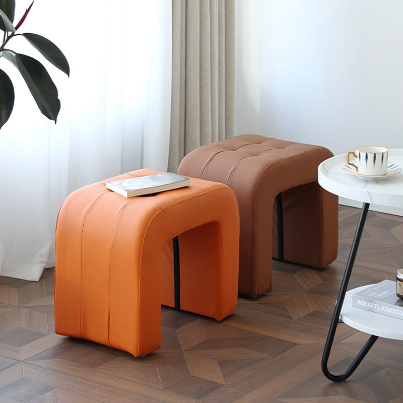 Contemporary Scandinavian Round-Arch Vanity Stool — Solid Wood & Plywood, Leather Upholstered Seat with Sponge Cushion, Backless & Armless for Bedroom