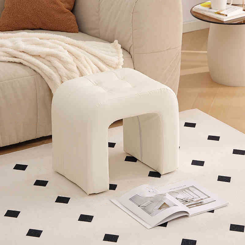 Contemporary Scandinavian Round-Arch Vanity Stool — Solid Wood & Plywood, Leather Upholstered Seat with Sponge Cushion, Backless & Armless for Bedroom