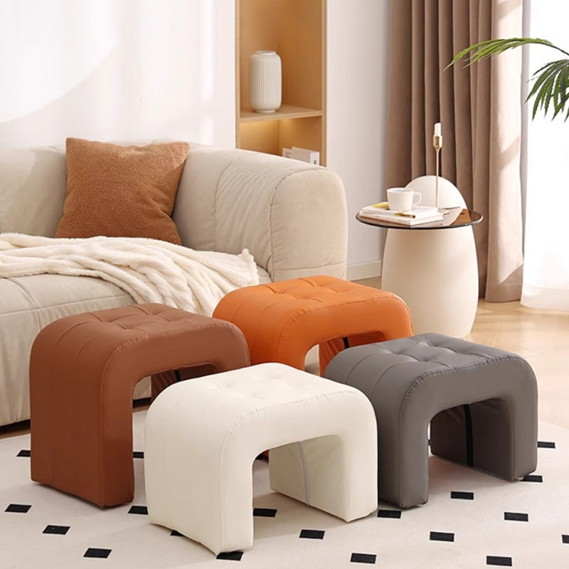 Contemporary Scandinavian Round-Arch Vanity Stool — Solid Wood & Plywood, Leather Upholstered Seat with Sponge Cushion, Backless & Armless for Bedroom