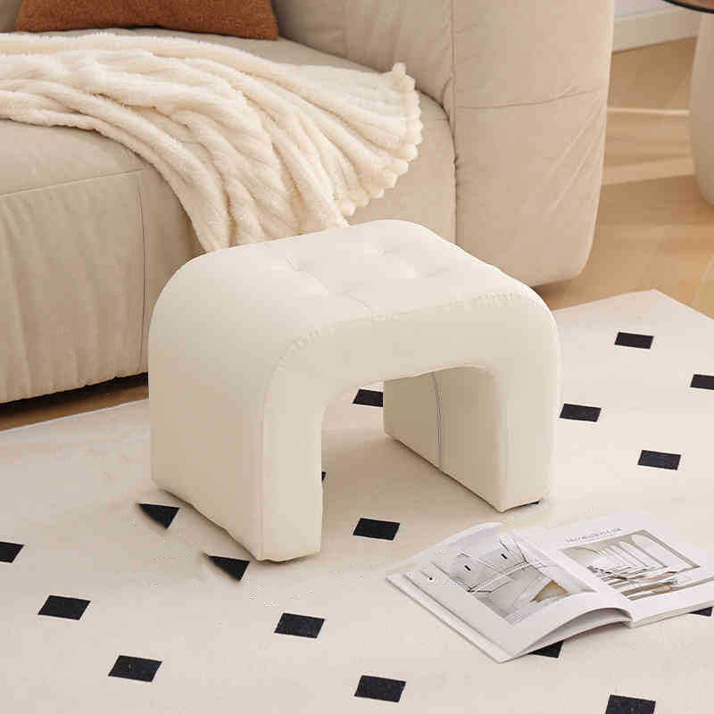 Contemporary Scandinavian Round-Arch Vanity Stool — Solid Wood & Plywood, Leather Upholstered Seat with Sponge Cushion, Backless & Armless for Bedroom
