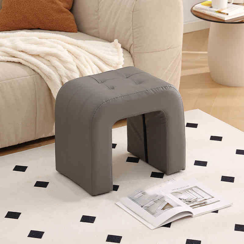 Contemporary Scandinavian Round-Arch Vanity Stool — Solid Wood & Plywood, Leather Upholstered Seat with Sponge Cushion, Backless & Armless for Bedroom